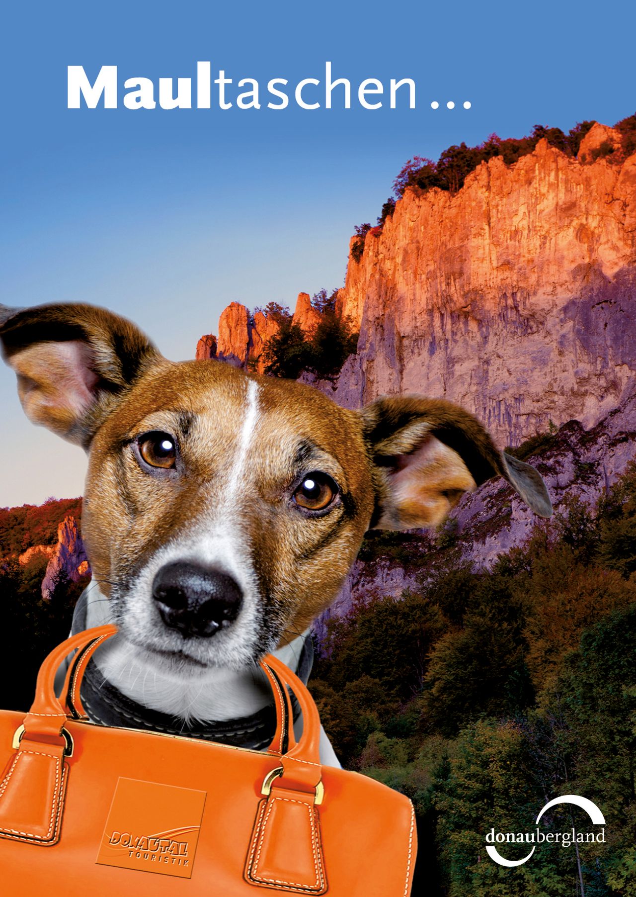 Donaubergland Postkartenmotiv mit Hund vor einem Felsen, mit einer orangenen Tasche im Maul.