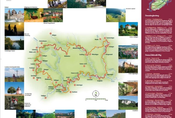 Übersichtskarte des Donauberglandwegs mit einzelnen Etappen-Beschreibungen und -Bildern.