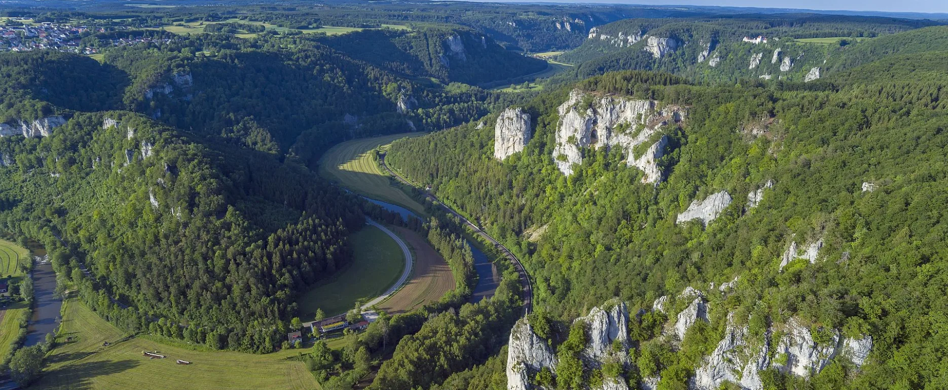 Bild mit Blick donauabwärts über Petersfelsen und Altstadtfelsen, dahinter Burg Wildenstein.